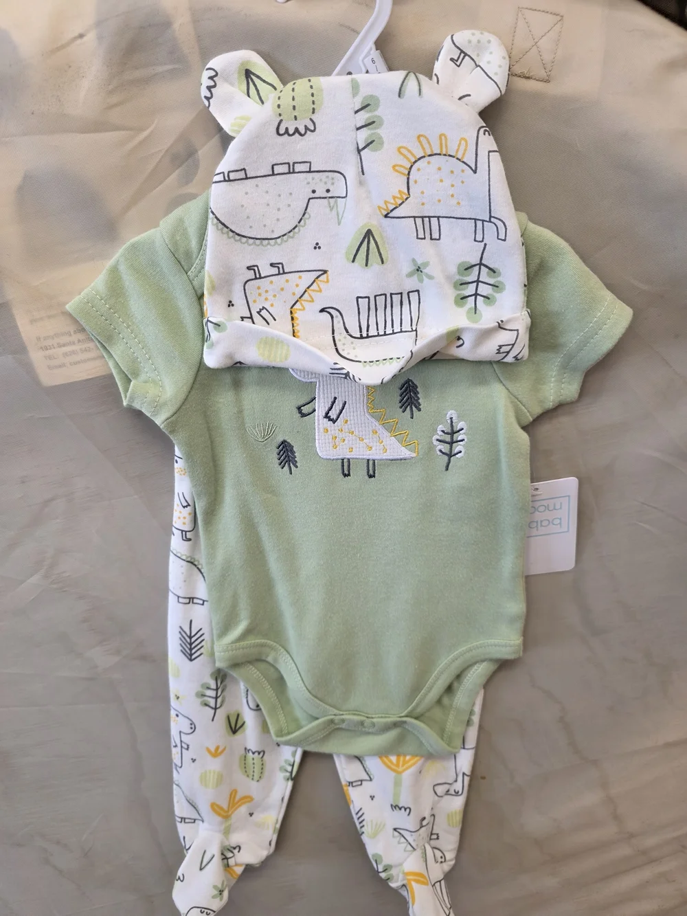 Green Dinosaur 3-Piece Baby Set - Bodysuit, Hat & Footed Pants, NWT